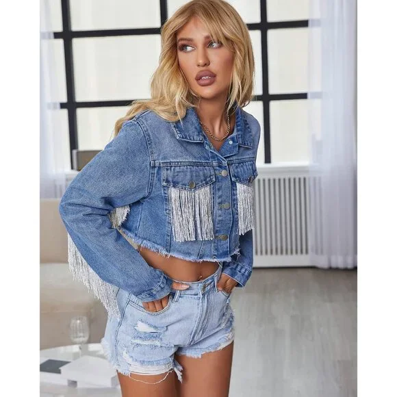 Women’s Crop Denim Jacket Tassel Casual Jean Coat With Fringe S107Dark Blue